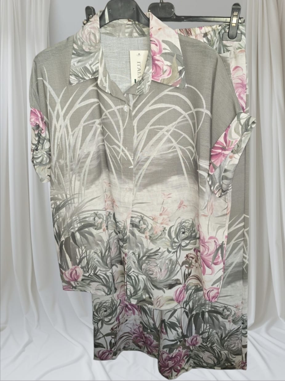 Women's Linen Flower Shirt And Trousers