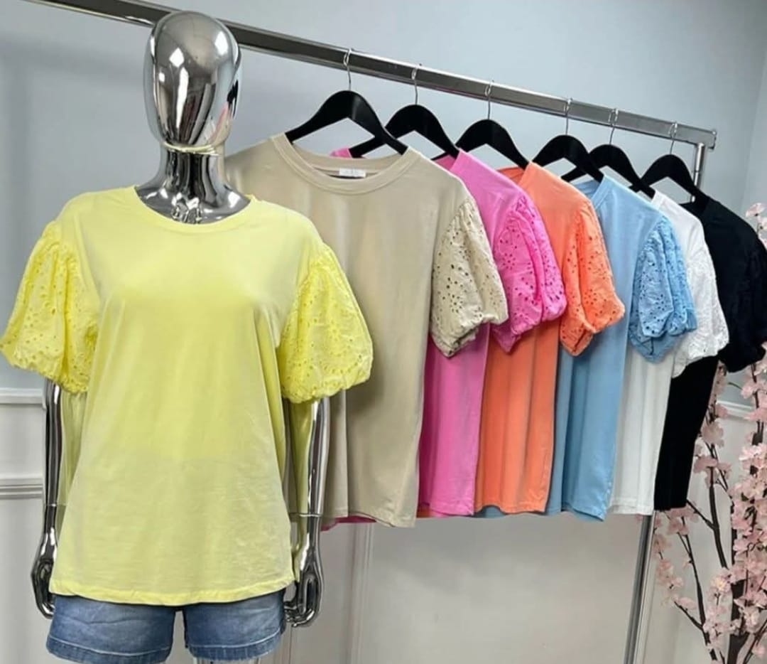 Women's Cotton T-shirt With Broderie Anglaise Sleeve