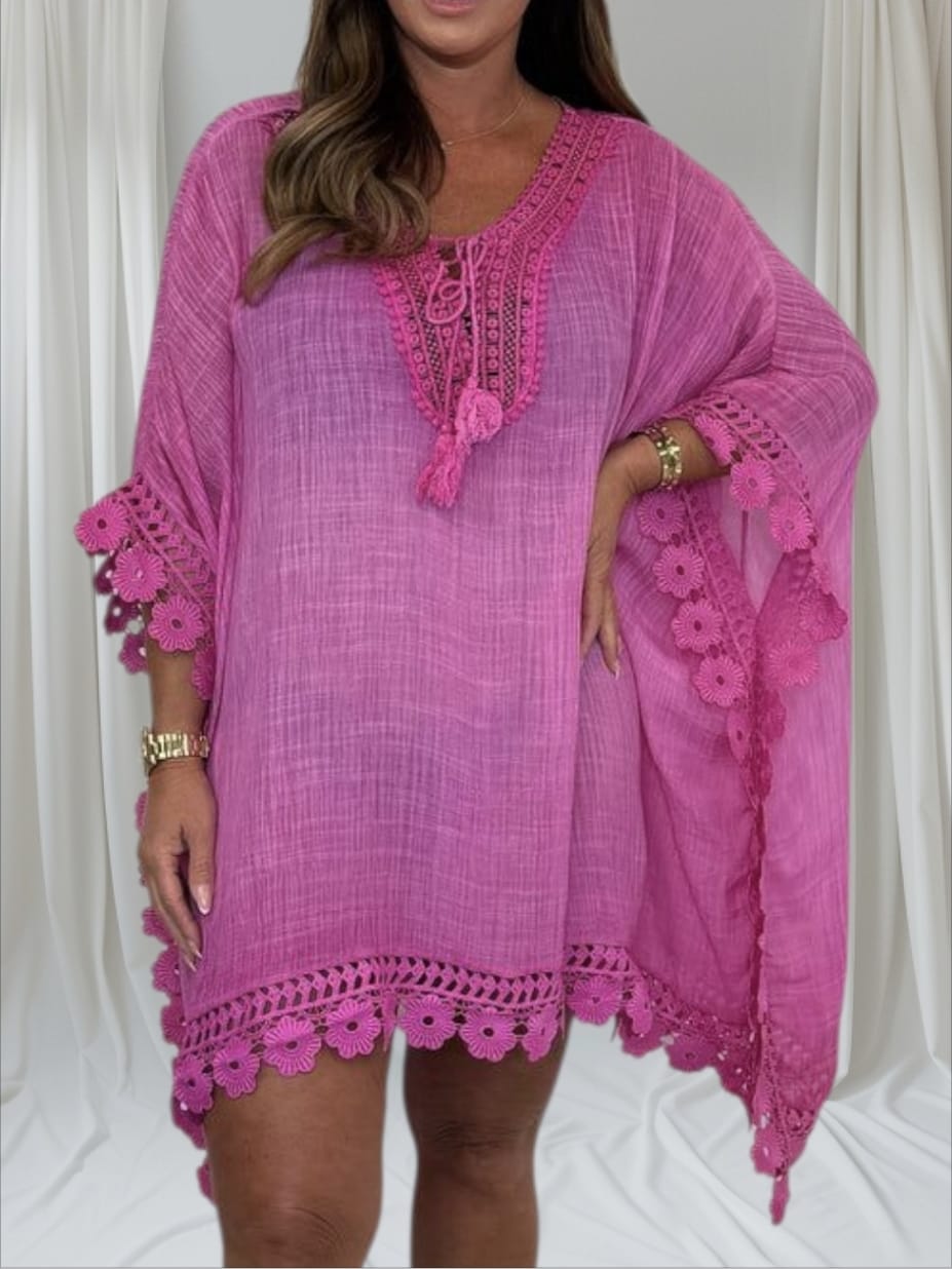 Women's V-Neck, Tassel & Floral Embroidery Detailed, Oversized Kaftan