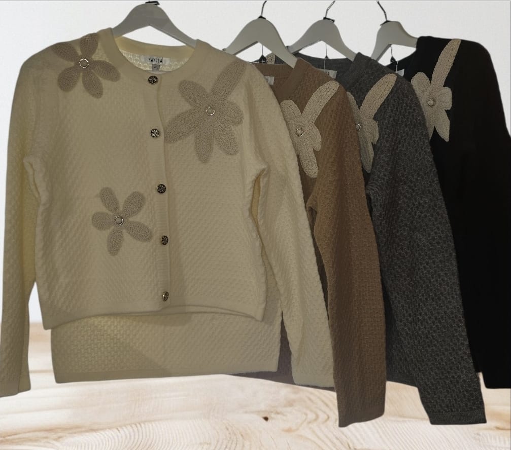 Women's Knit Wear Two Piece Skirt Set With Flower Knit Design and Button