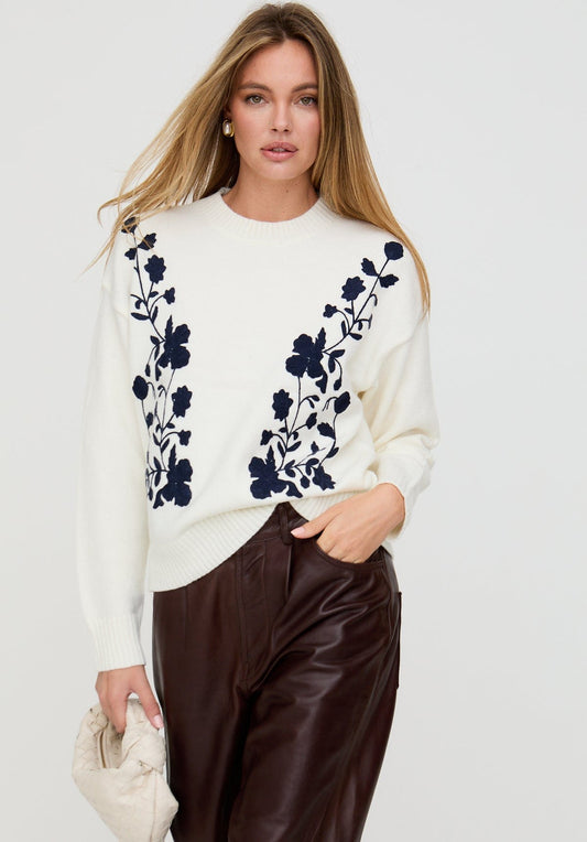 Women's Crew Neck Floral Embordied Jumper In Black/White