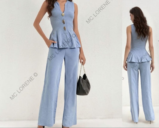 Women's Sleeveless Peplum Top With Gold Detailed Buttons Lounge Wear Set