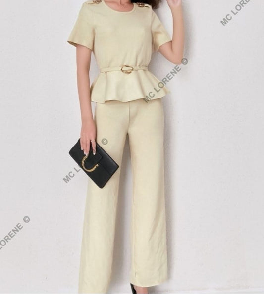 Women's Gold Flower Broach Shoulder Detail Lounge Wear Set With Belted Peplum Top