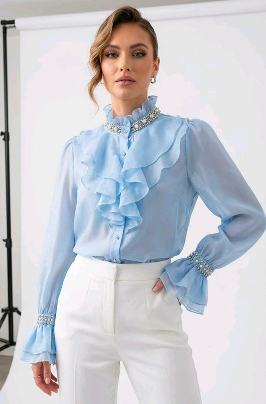 Women's Ruffle Shirt With Crystal And Pearl Details