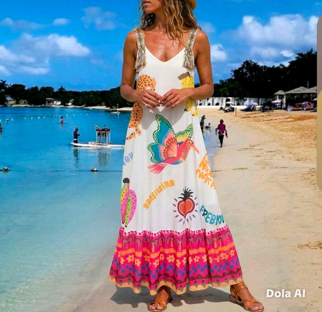 Women's Long Strappy Summer Dress- Fruits & Animal Print- One Size