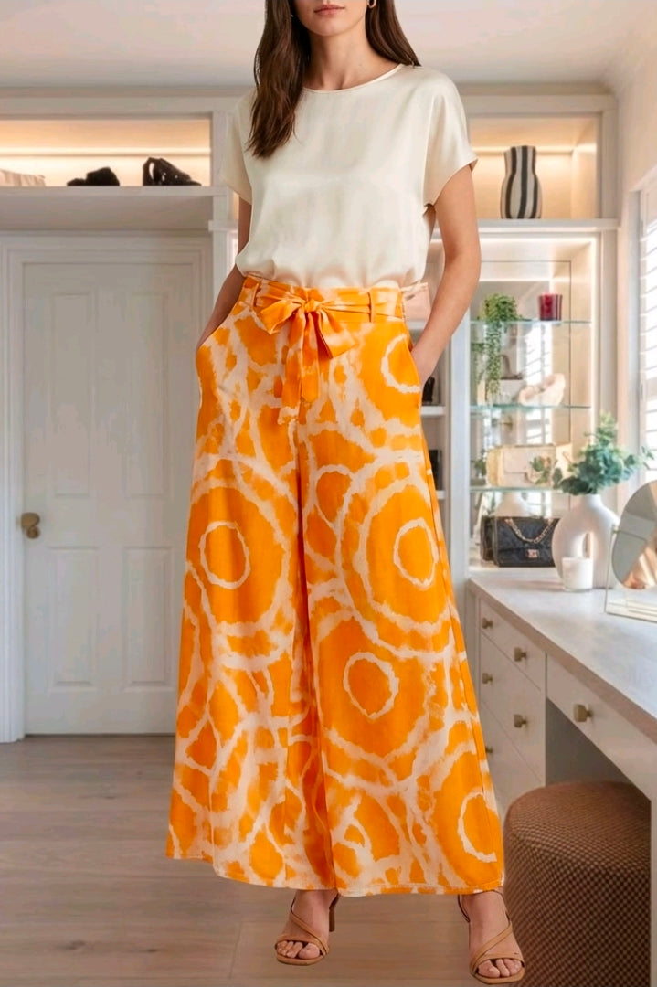 Women's Wide Leg Patterned Trousers- Orange- One Size