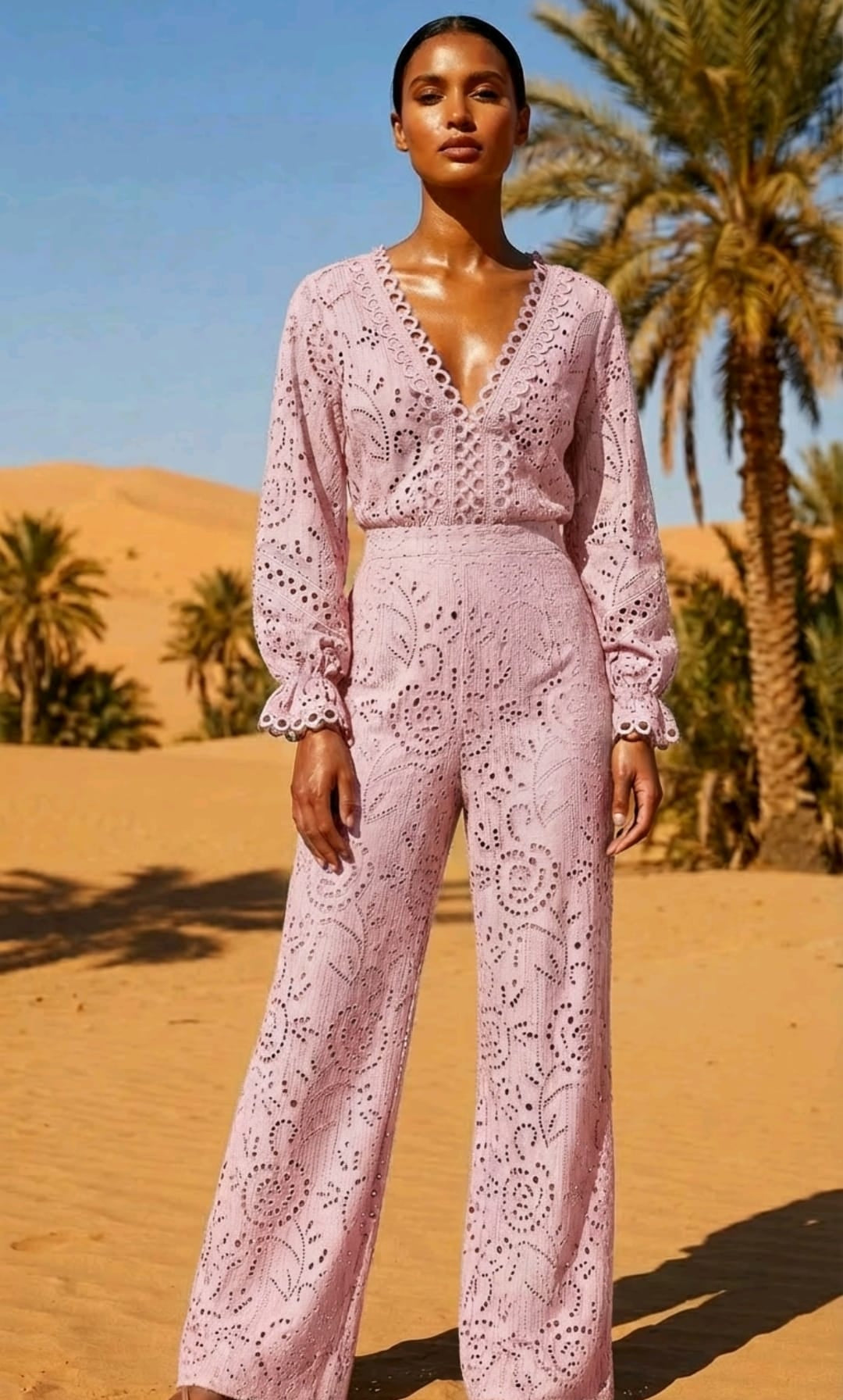 Women's Broderie Anglaise 2 Piece Trouser set Pink