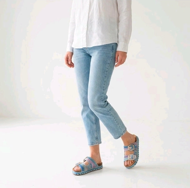 Women's Tie Die Fabric Blue Double Buckle Sandal