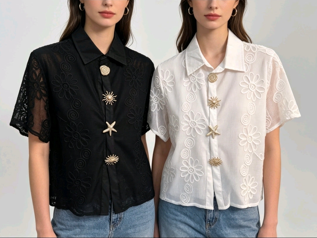 Women's Lace Design Shirt With Fancy Gold Button Detail