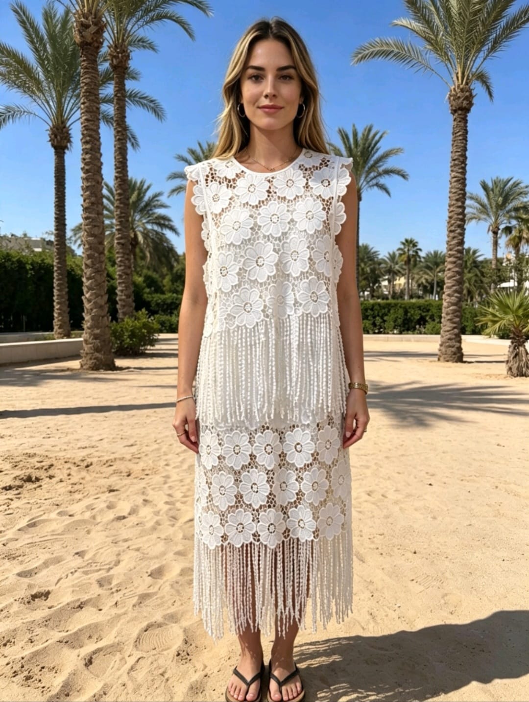 Women's White Crochet Top And Skirt Flower Detail Co-Ord