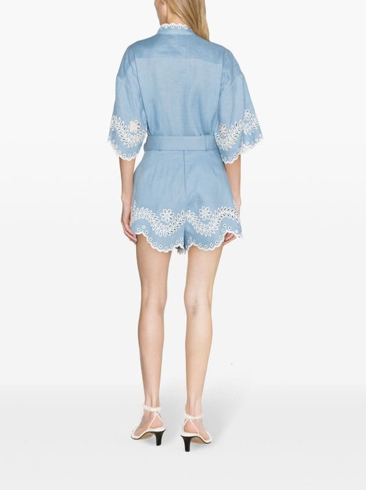 Women's Embroidered High-Rise Linen Shorts And Co-Ord Shirt
