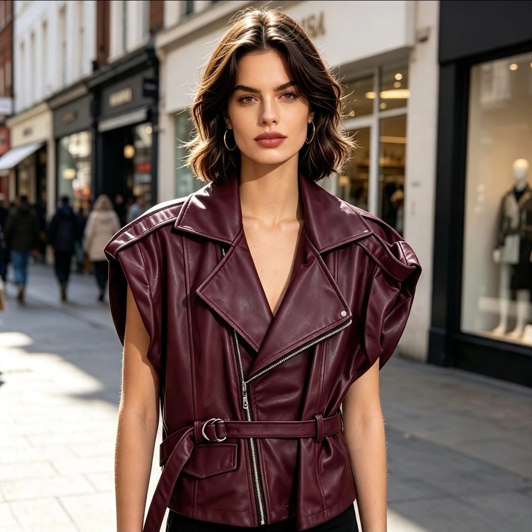 Women's Faux Leather With Belt Waste Coat Trench Style