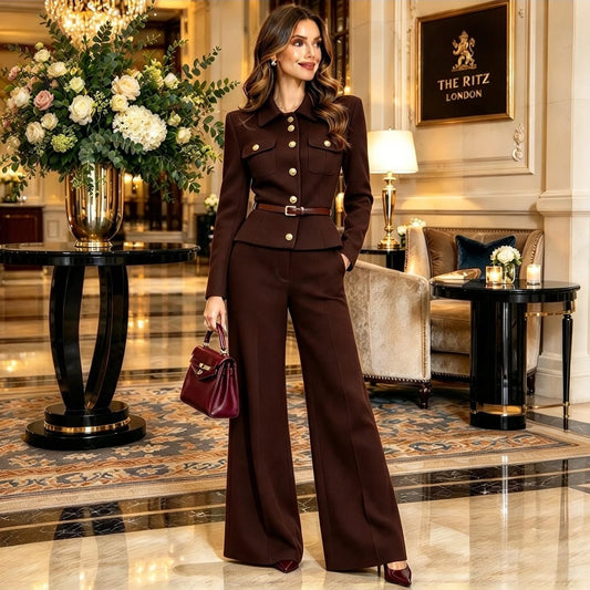 Women's Gold Detail Twist Button Top And Trouser Set With Waist Belt