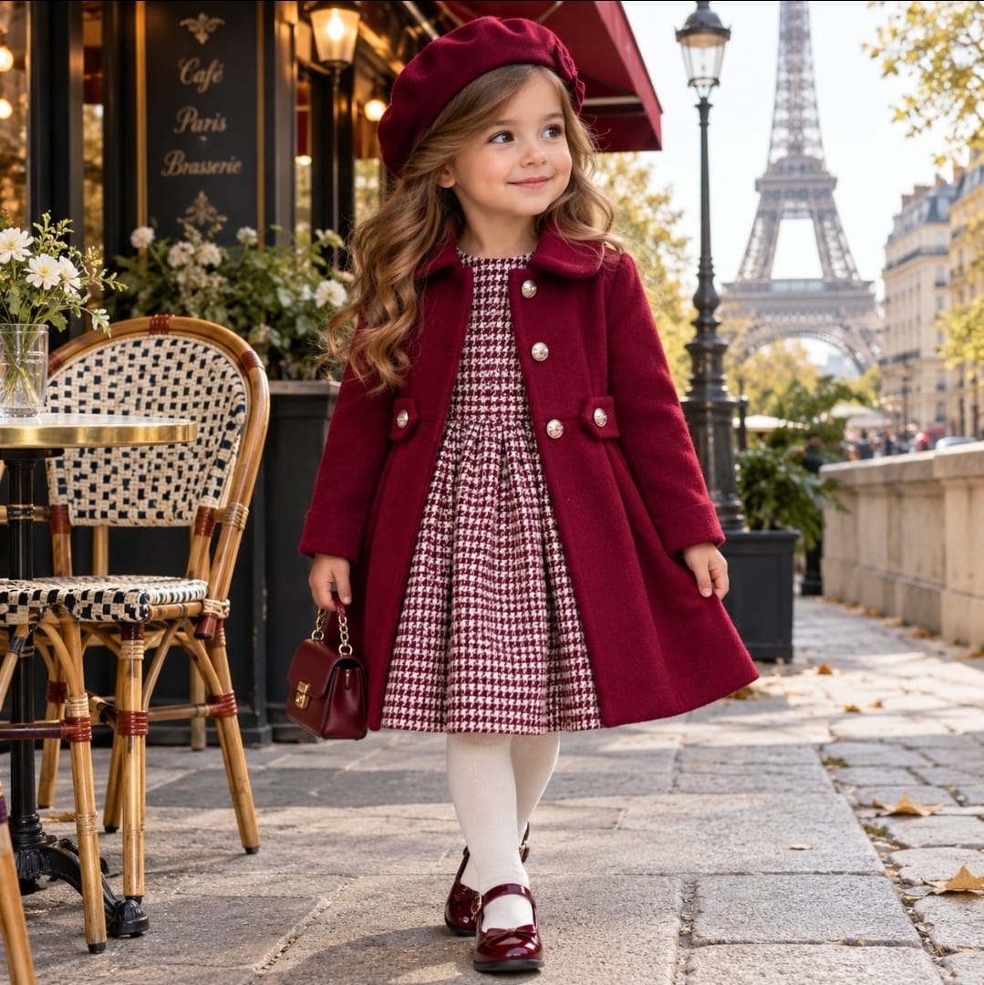 Girl's Elegant Burgundy Coat With Burgundy And Cream Dog Tooth Dress
