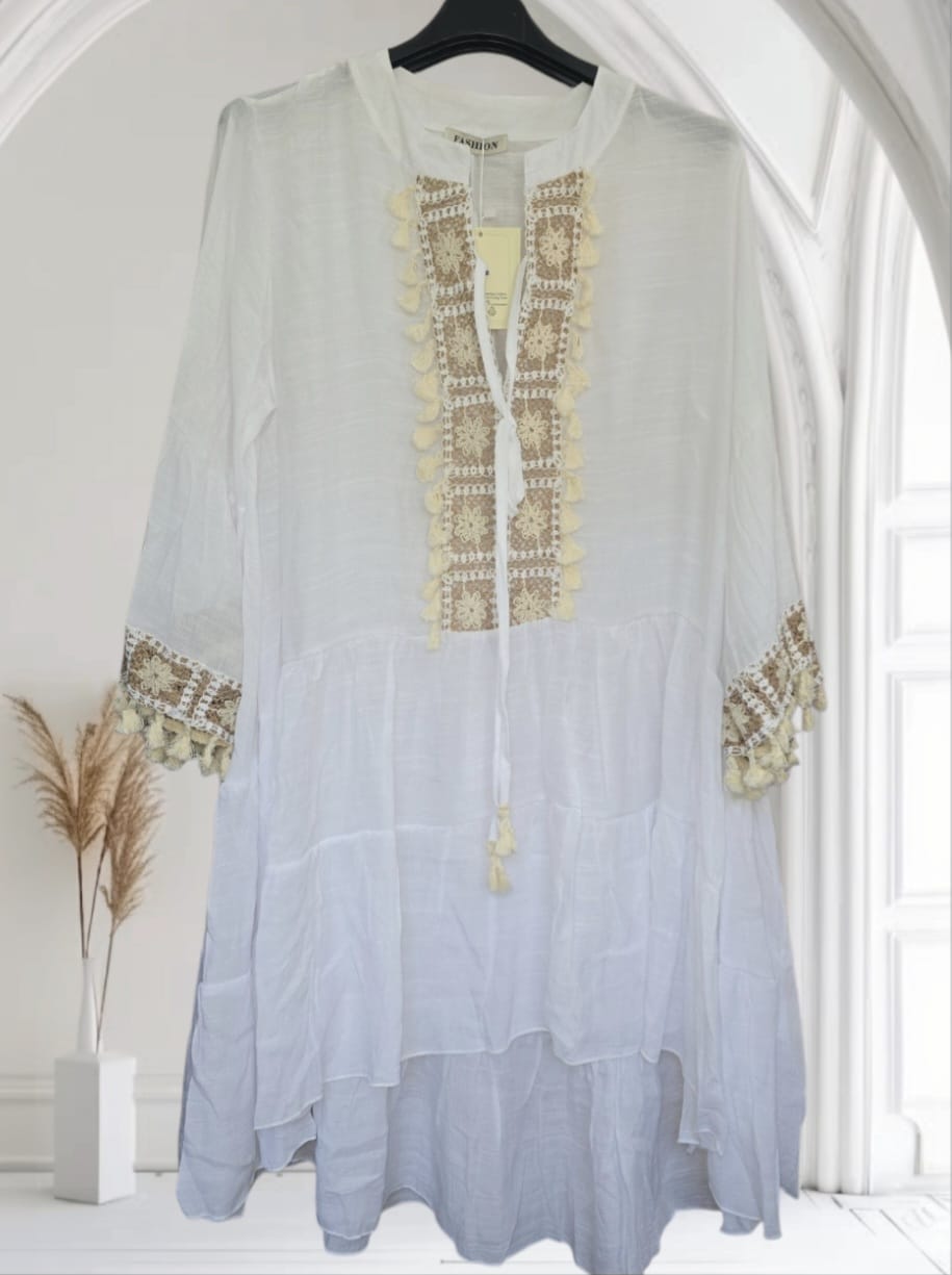 Women's Boho Dress With Tassels And Crochet Flowers