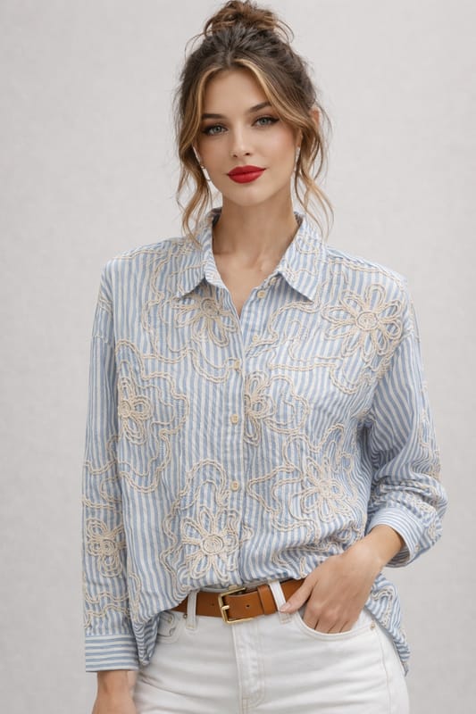 Women's Flower Embroidered Stripe Shirt