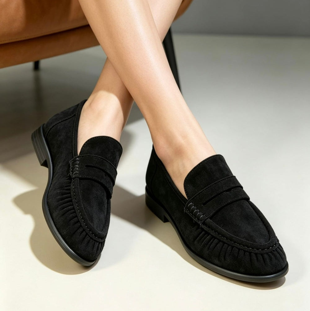 Womens Suede Pleated Slip On Loafers black
