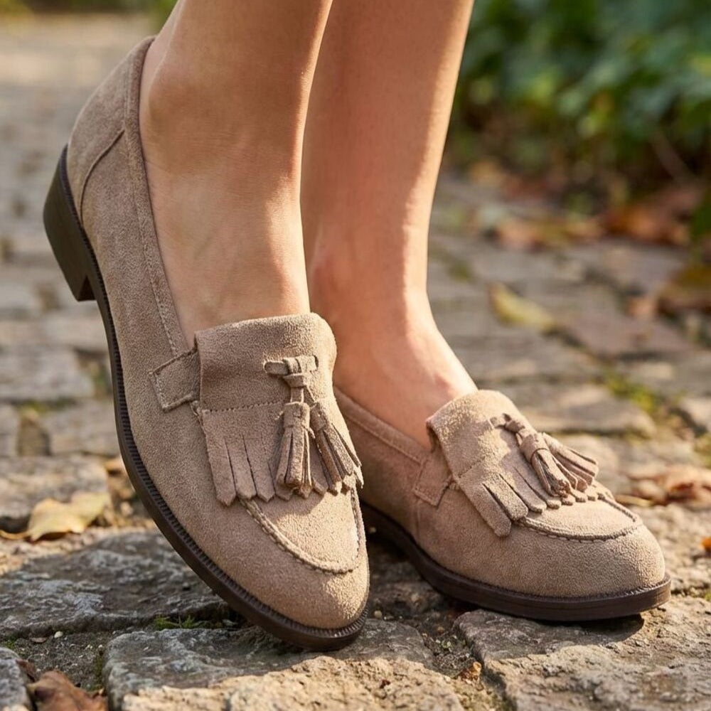 Womens Suede Tassel Loafers Camel