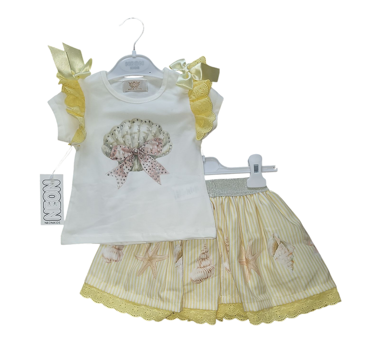 Girl's T-Shirt And Skirt Set- Shell & Starfish Print With Diamante Detailing- Various Colours