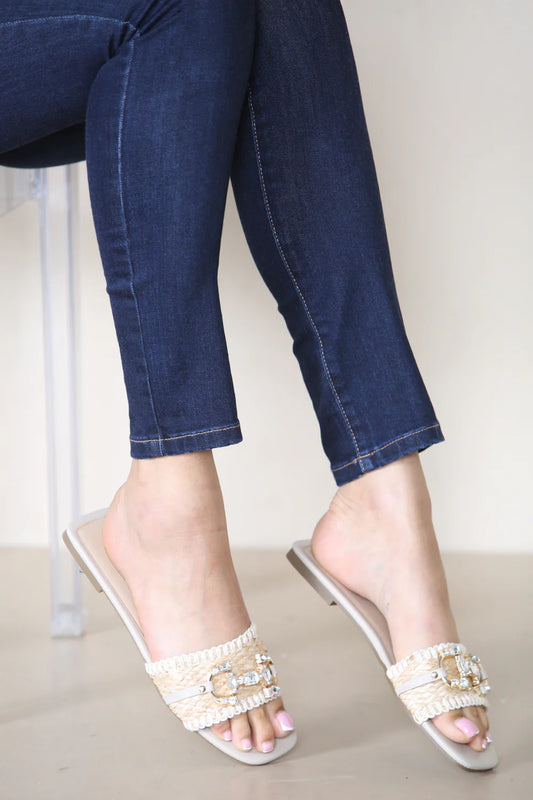 Women's Beige Flat Diamante Trim Detail Mules Casual Sandals