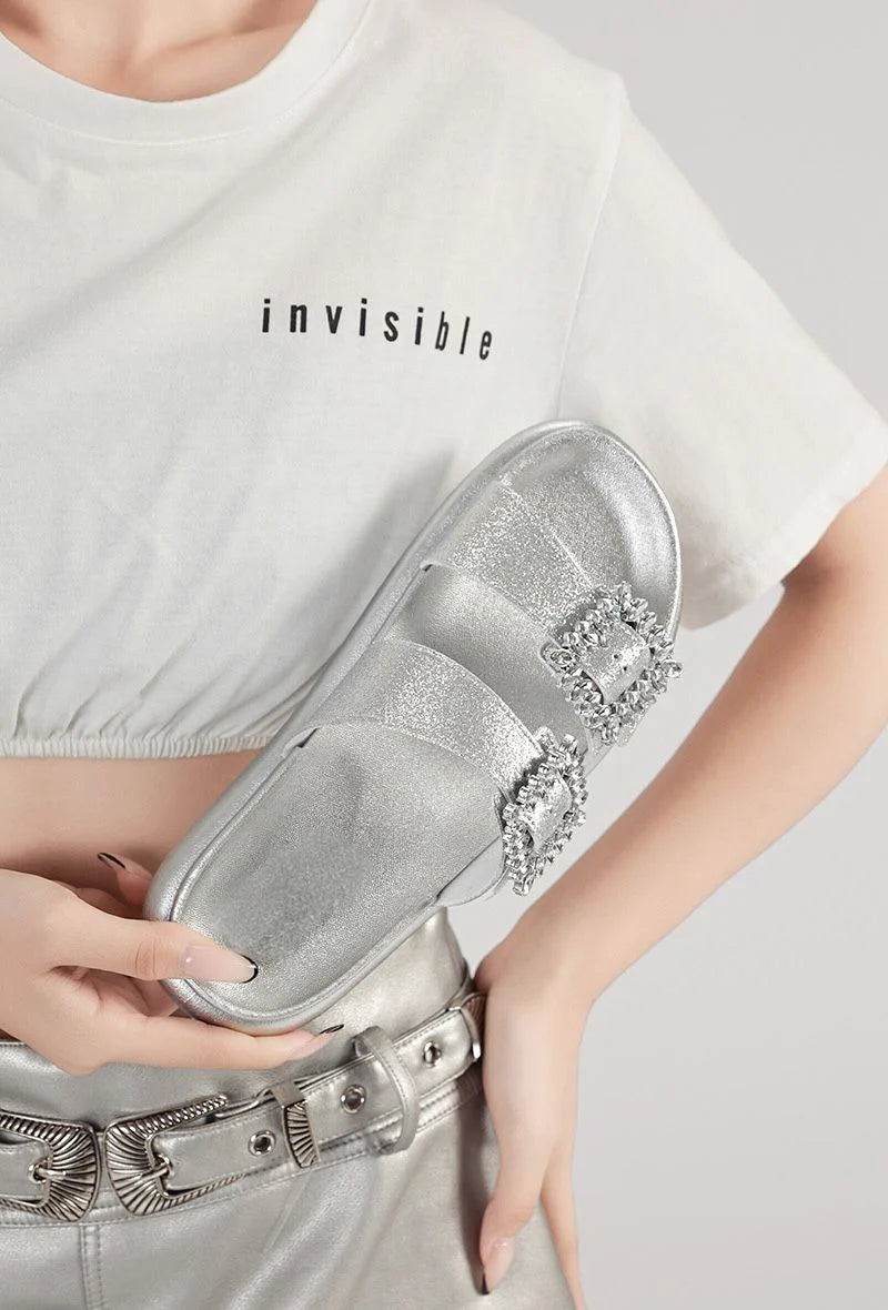 Women's Silver Sparkly Flats Crystal Buckle Double Bow Sandals