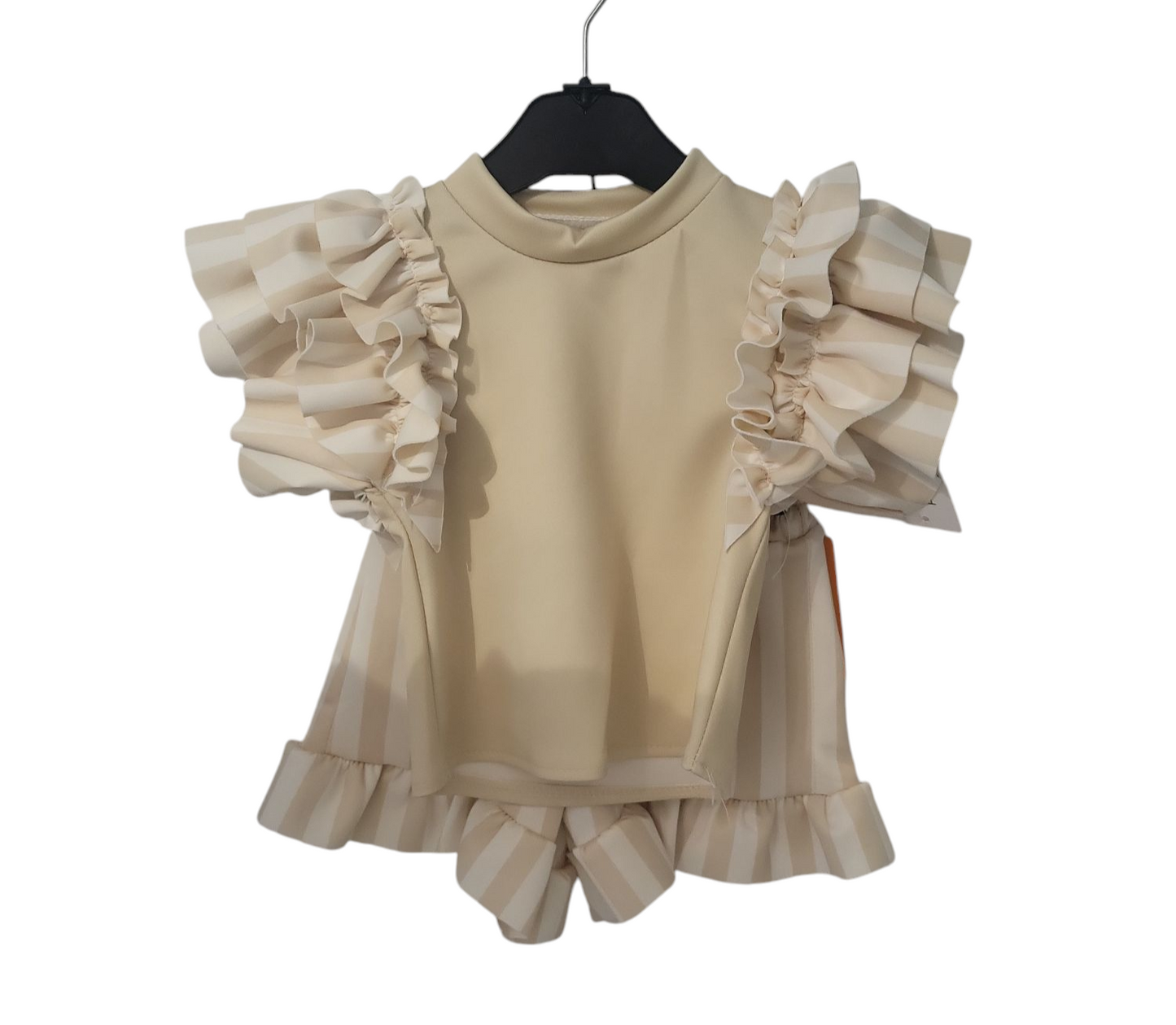 Girls Stripped Ruffled Sleeve Round Neck Top & Shorts Set- Beige or Pink