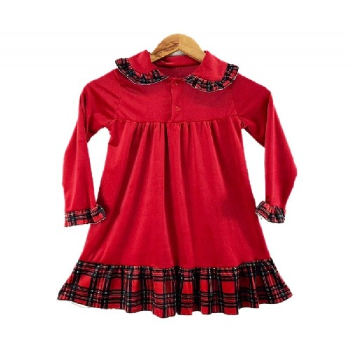 Girl's Red Velvet Smock With Tartan R782