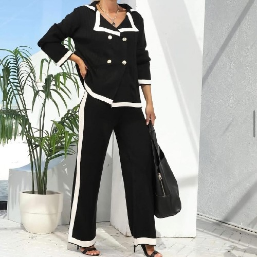 Womens Black And White Lounge Wear With Cardigan Gold 4 Button
