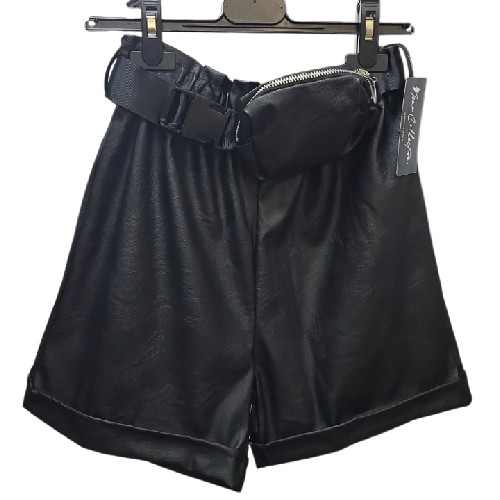 Girls Black Fux Leather Shorts With Bag.