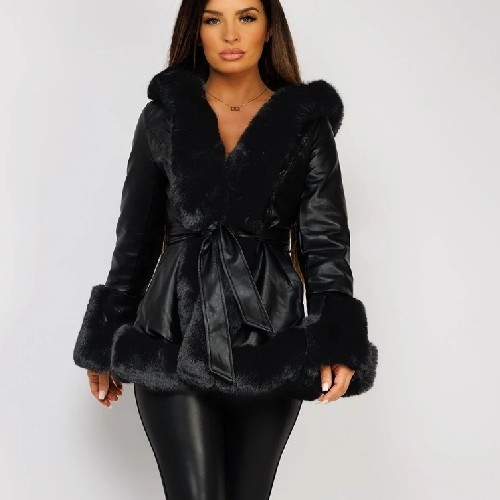 Womens Black Faux Leather Fur Coat