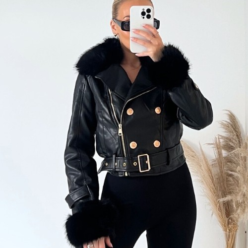 Womens Black Faux Leather Fur Cuff Jacket.