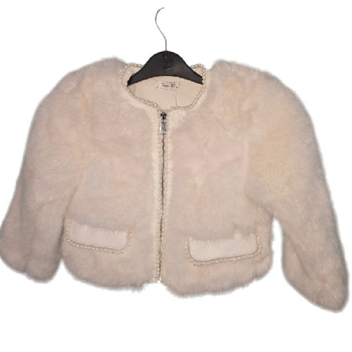 Girls Faux Fur White Coat With Pearls