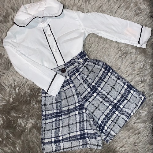 Boys Tartan Shorts and Shirt Set Grey And Navy