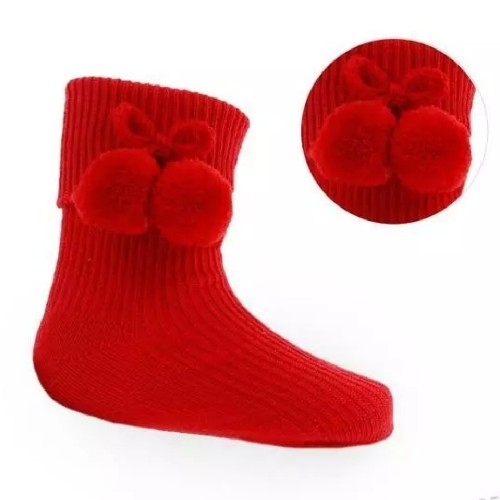 Baby Red Ankle Pom Pom Sock