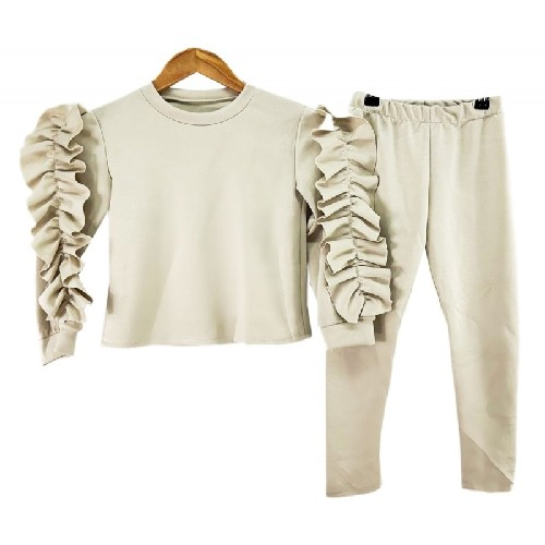 Girls Beige Ruffle Arm Tracksuit