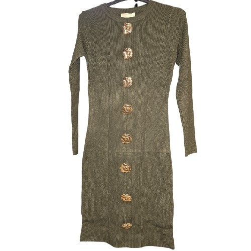 Womens Green Bodycon Dress With Rose Metal Buttons