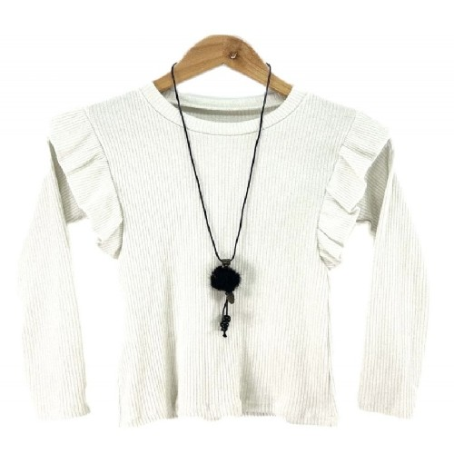Girls Cream Glitter Top With Necklace