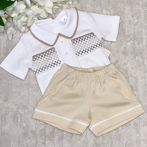 Boys Beige White Smocked Set