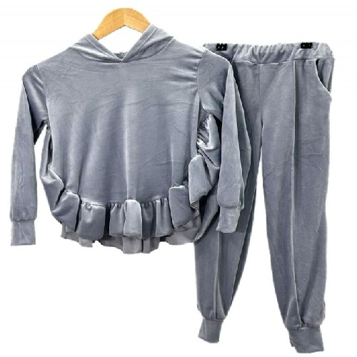 Girls Gray Velour Tracksuit With Ruffle