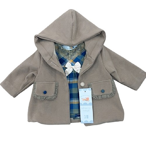 Girls Grey/Navy Tartan Bow Dress & Coat Set