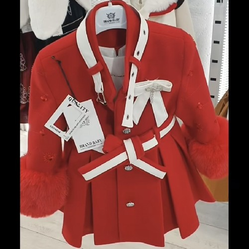 Girl's Red Coat With White Plus White Faux Leather Dress With Dimond