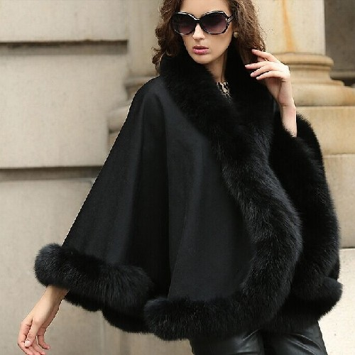 Womens Black Poncho With Faux Black Fur