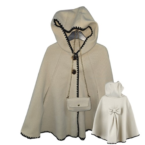Girls Beige And Black Poncho With Bag