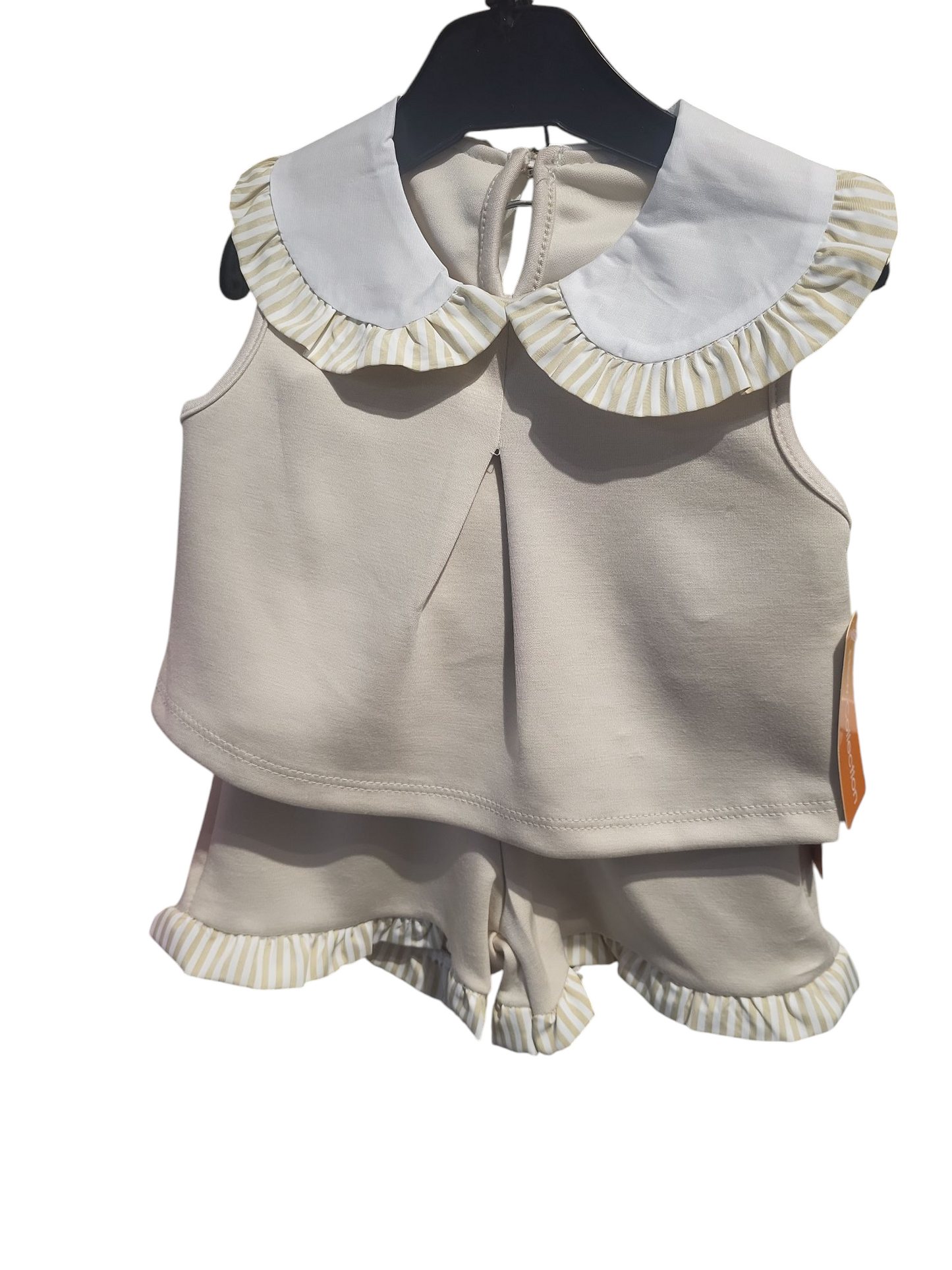 Girls Sleeveless Top With Collar & Shorts Set- Beige, Sky Blue, Pink