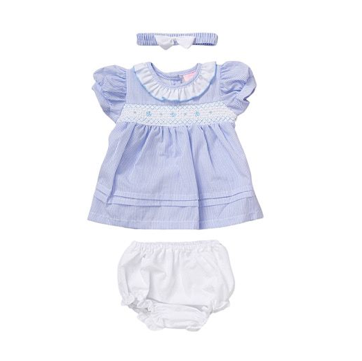 Baby Girl's Smock Dress & Jam Pants Set Including Head Band- 0 to 9 Months- Blue or Pink