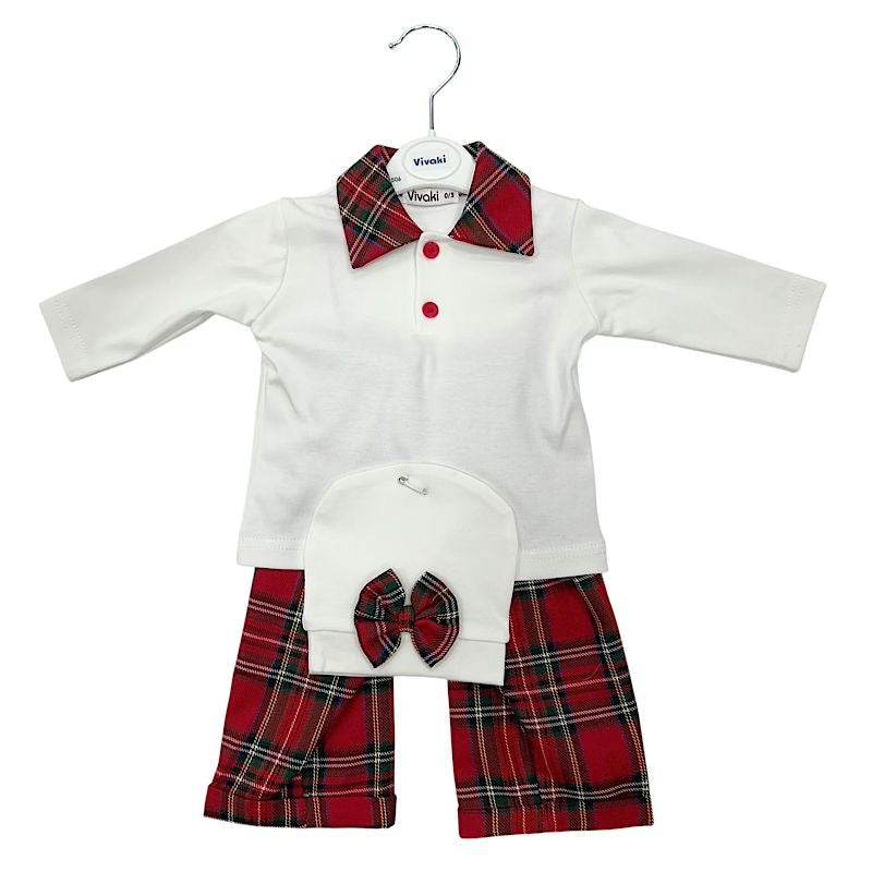 Boys White & Red Tartan Shirt, Trousers & Hat 3pc Set