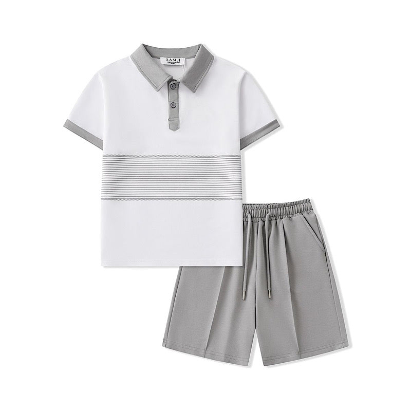 Boys Pinstripe Polo T-Shirt And Short Set- Beige or Grey- Ages 2 to 8 Years