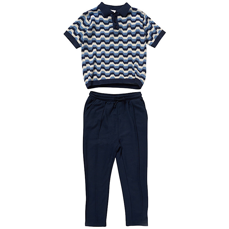 Boys Navy Zigzag Motif Polo T-Shirt & Trousers Set- Ages 2 to 4 Years