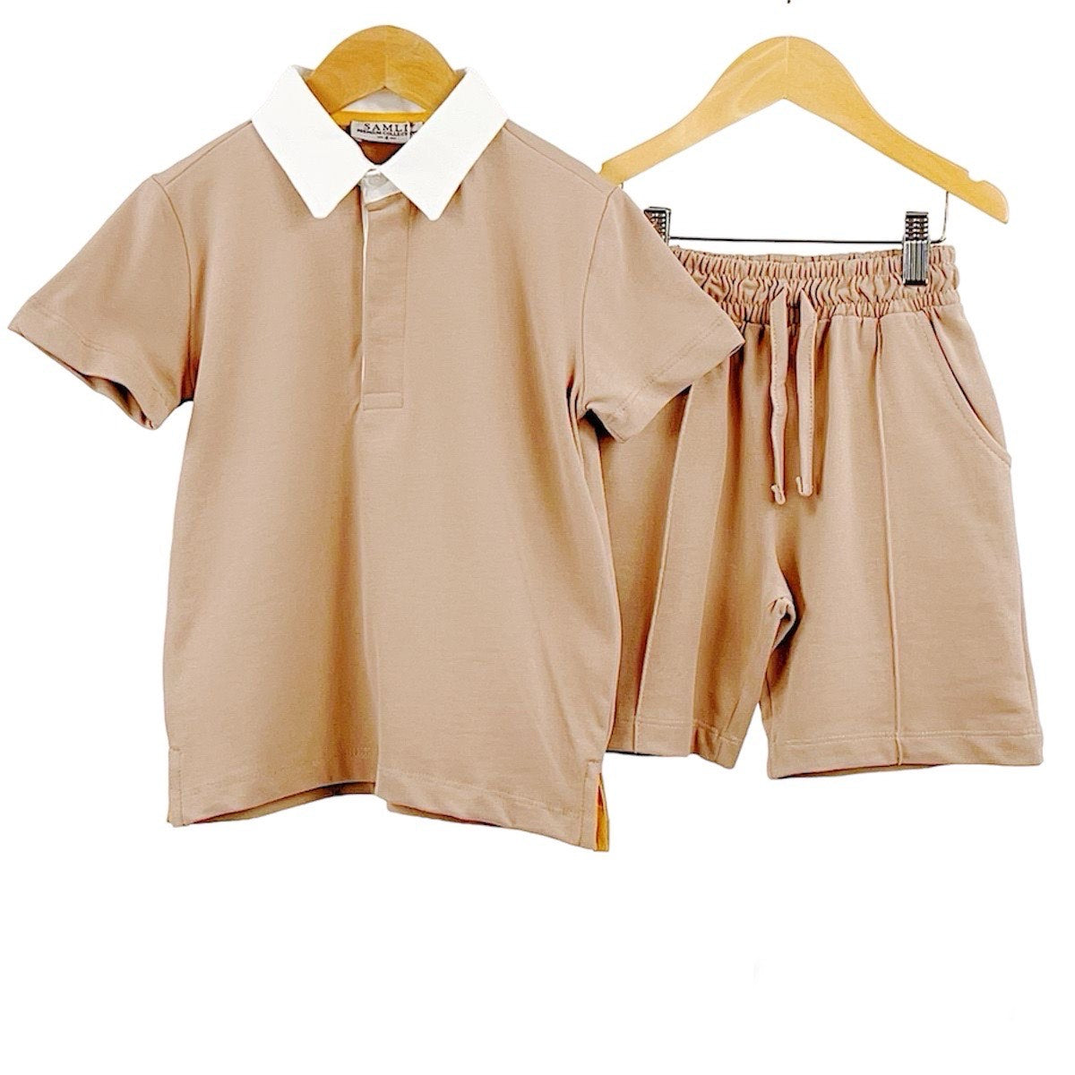 Boys Contrast Collar Polo T-Shirt And Shorts Set- Beige or Navy- Ages 2 to 8 Years