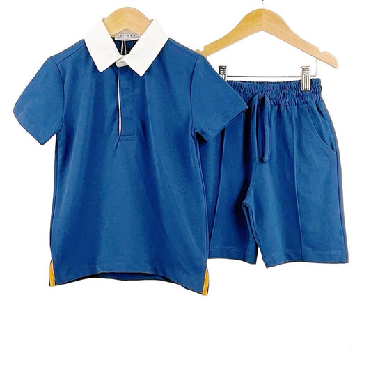 Boys Contrast Collar Polo T-Shirt And Shorts Set- Beige or Navy- Ages 2 to 8 Years